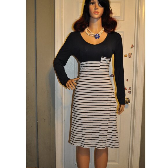 Women's Blue & White Stripped long slevee A-line Dress Knee Length - Picture 1 of 5